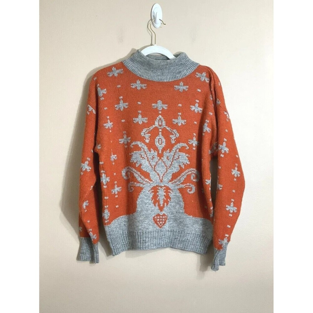 VTG Together! Womens Mock Neck Sweater Size Small Orange Grey Retro Heart Winter